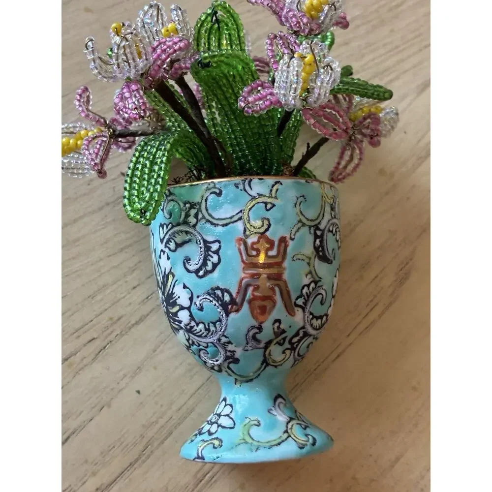 Vintage Handmade French Seed Beaded Flower Floral Bouquet Asian longevity Cup